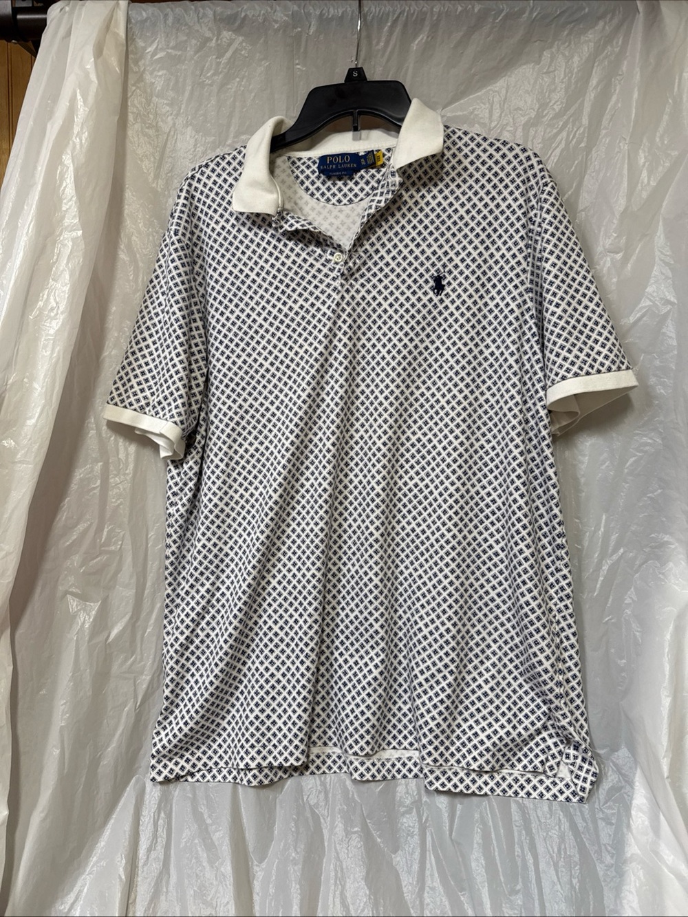 Polo by Ralph Lauren White & Navy Diamond-Print Polo size XL